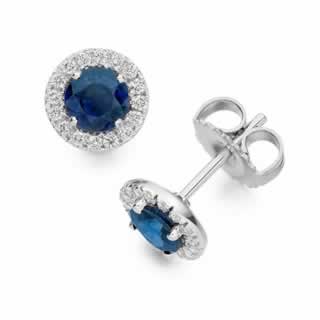 Round Sapphire and Diamond Stud Earrings in 18K White Gold